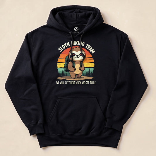 Black Sloth Hiking Team Forest Hoodie with a funny sloth hiker graphic