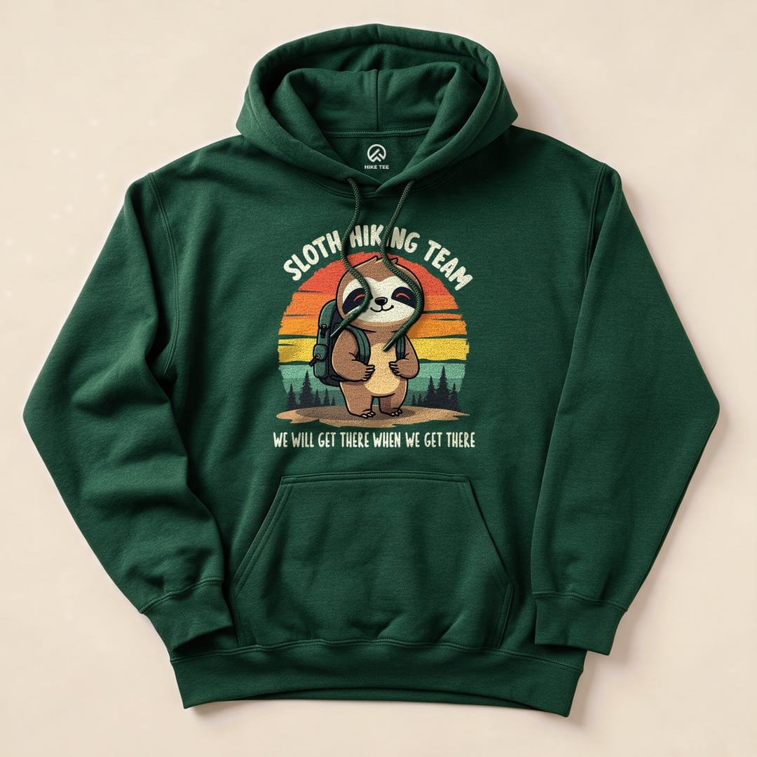A green hoodie featuring a playful sloth graphic with the text "Sloth Hiking Team" and "We Will Get There When We Get There.