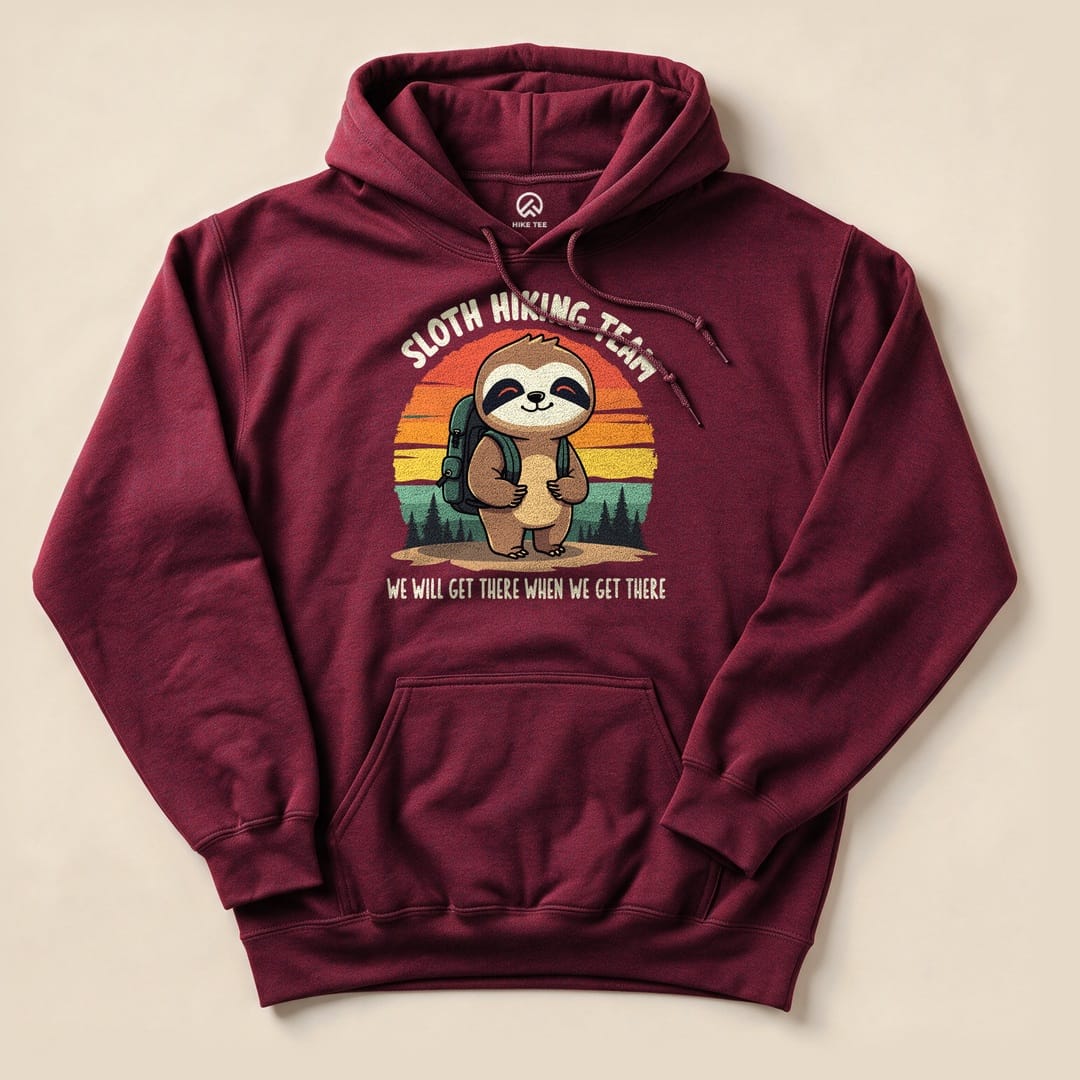 Maroon hoodie featuring a graphic of a cheerful sloth with a backpack, text reading "Sloth Hiking Team" and "We will get there when we get there.