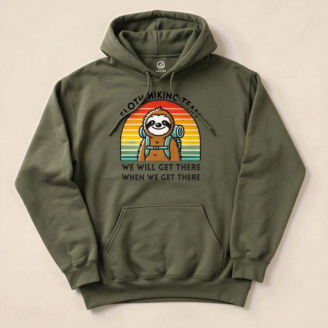 Military Green Sloth Hiking Team Hoodie with a retro sunset sloth graphic