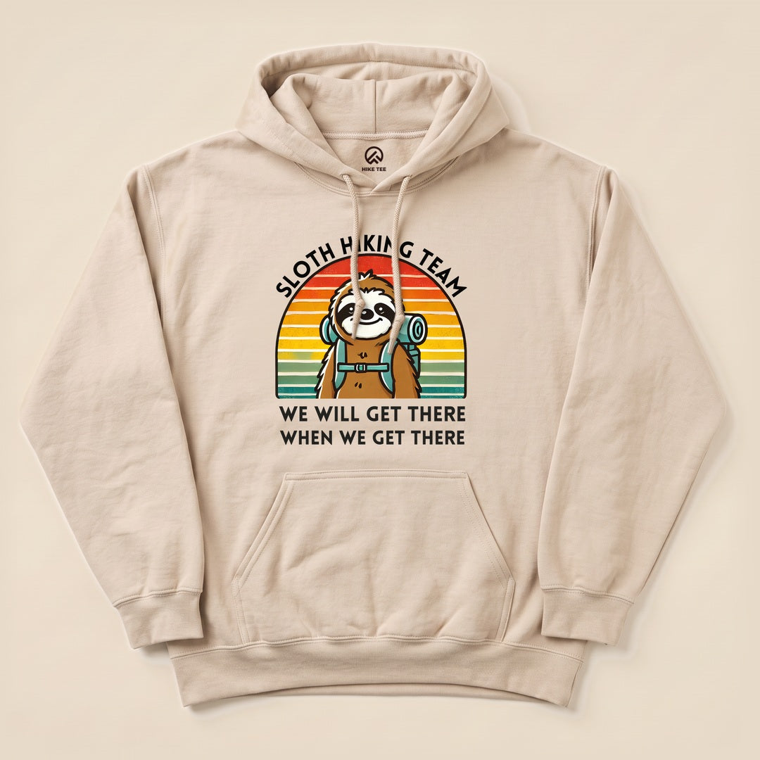 Sand Sloth Hiking Team Hoodie with a retro sunset sloth graphic