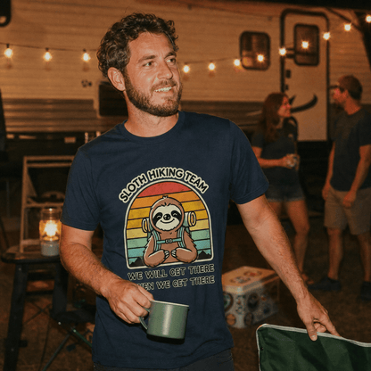 A man stands outdoors wearing a navy graphic t-shirt featuring a sloth and the words "Sloth Hiking Team" with a colorful sunset background.