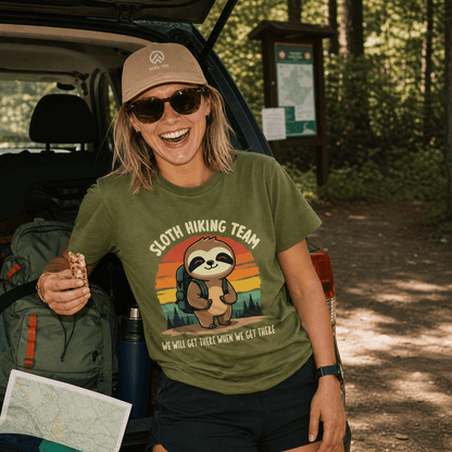A smiling woman enjoys a snack while wearing a green graphic t-shirt featuring a sloth and the text "Sloth Hiking Team.