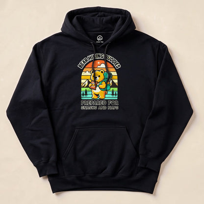 A black hoodie featuring a cartoon bear holding a backpack, with the text "Prepared for Snacks and Naps Hiking Bear Hoodie.