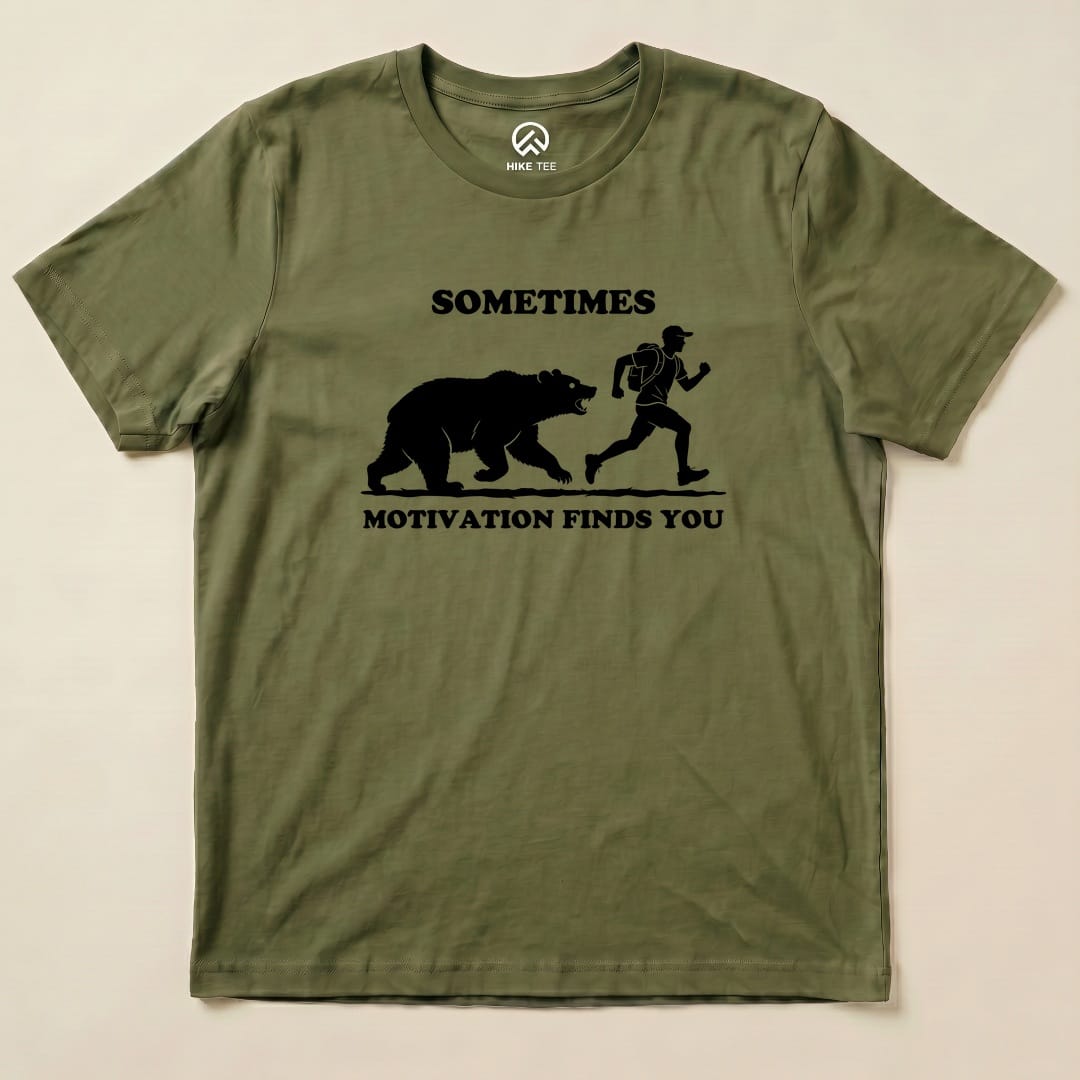 Military Green Sometimes Motivation Finds You Shirt with a bear chasing a runner graphic