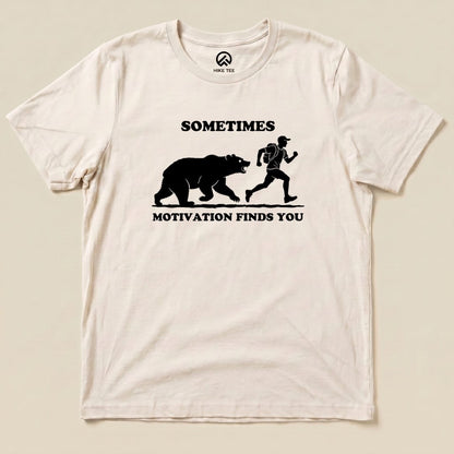 Natural Sometimes Motivation Finds You Shirt with a bear chasing a runner graphic