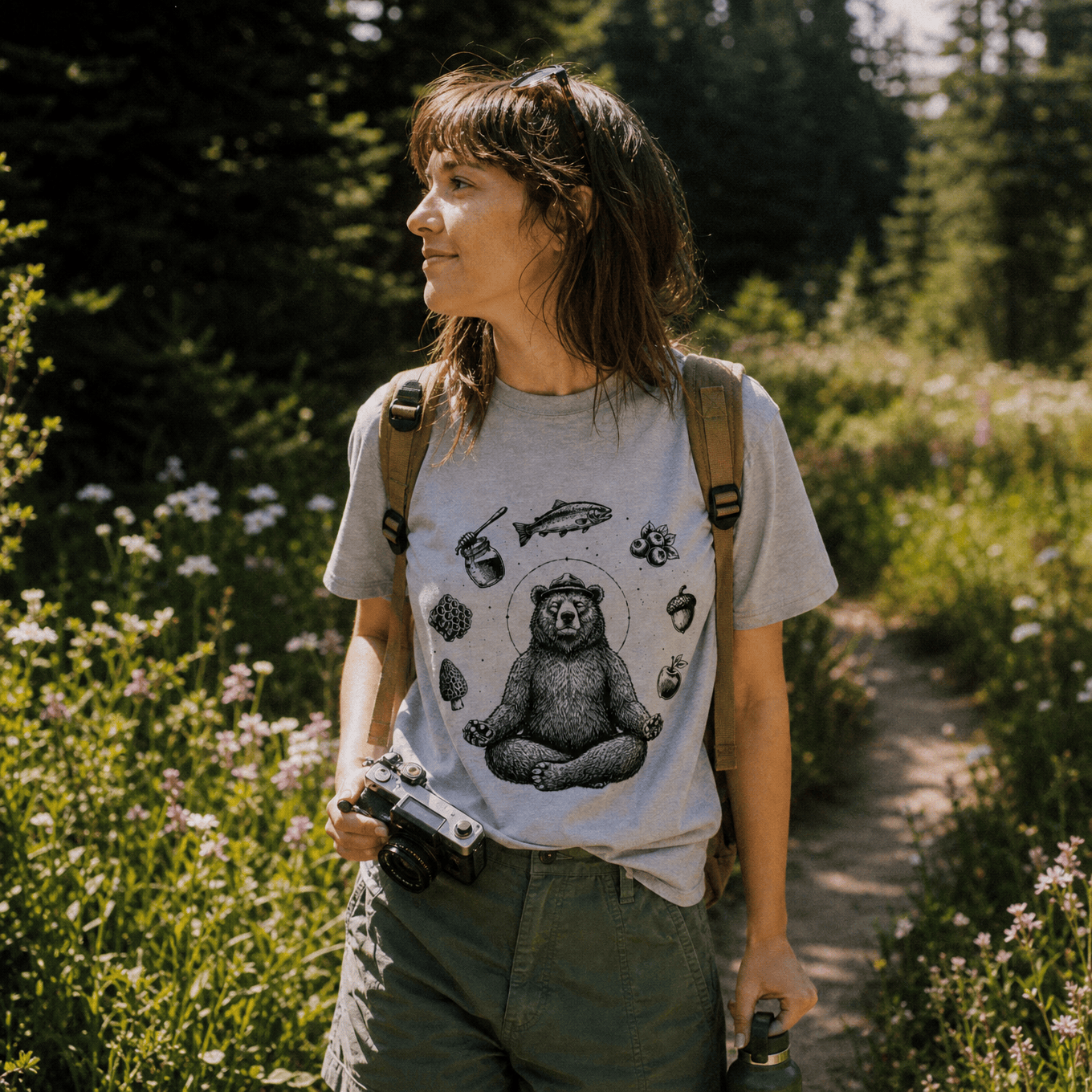 A woman stands on a hiking trail surrounded by flowers, wearing a gray graphic t-shirt featuring a meditating bear and nature elements, labeled "Spiritual Bear Shirt.