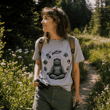 A woman stands on a hiking trail surrounded by flowers, wearing a gray graphic t-shirt featuring a meditating bear and nature elements, labeled "Spiritual Bear Shirt.