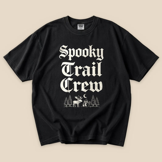 Black Spooky Trail Crew T-Shirt with gothic Spooky Trail Crew lettering and a forest graphic