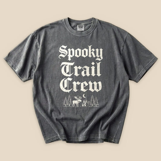 Pepper Spooky Trail Crew T-Shirt with gothic Spooky Trail Crew lettering and a forest graphic