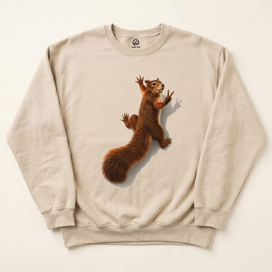 A graphic t-shirt featuring a playful squirrel climbing, titled "Squirrel on Sweatshirt," displayed against a neutral background.