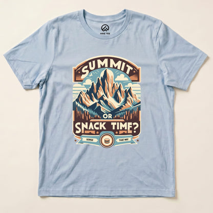 Light blue graphic t-shirt featuring a mountain design with "Summit Or Snack Time?" text, perfect for outdoor enthusiasts.