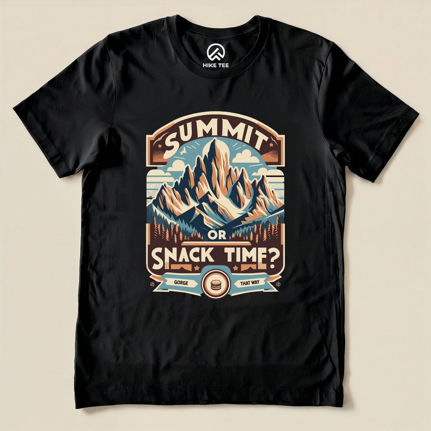Graphic t-shirt featuring mountains and the phrase "Summit Or Snack Time?" perfect for outdoor enthusiasts.
