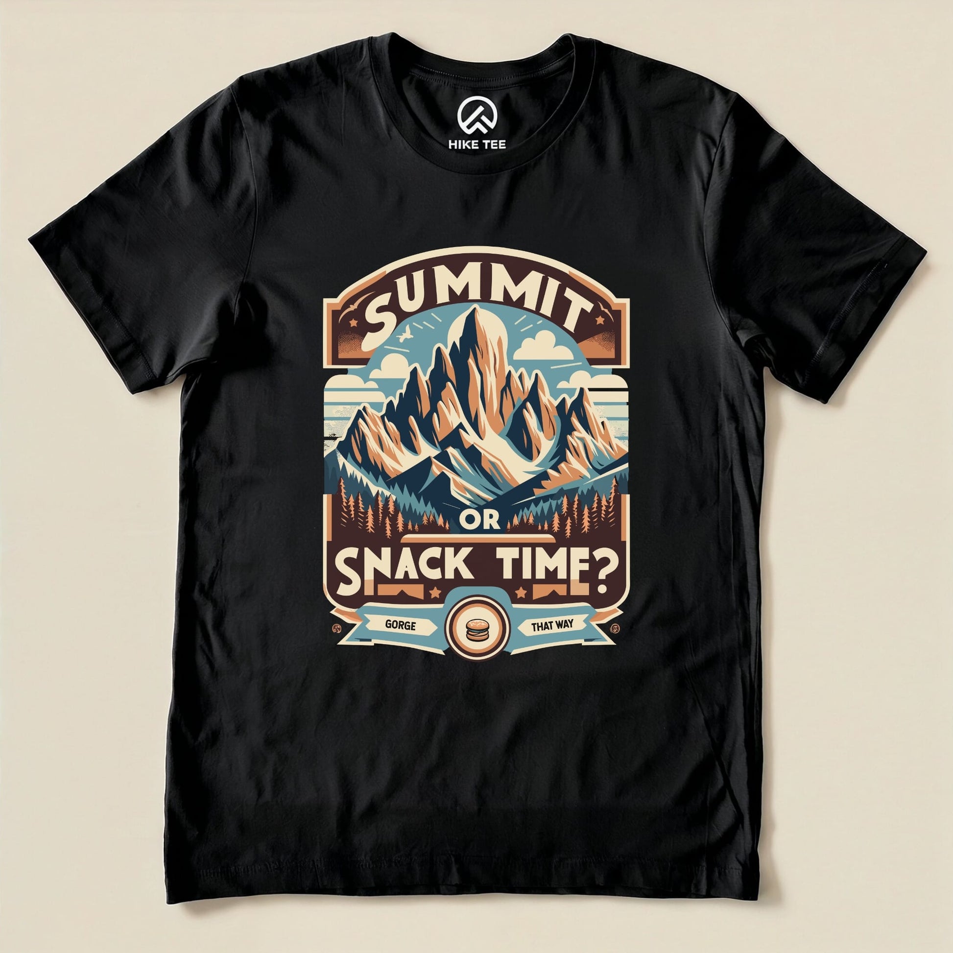 Graphic t-shirt featuring mountains and the phrase "Summit Or Snack Time?" perfect for outdoor enthusiasts.