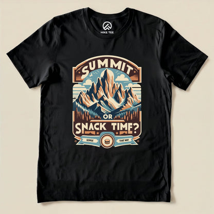 Graphic t-shirt featuring mountains and the phrase "Summit Or Snack Time?" perfect for outdoor enthusiasts.