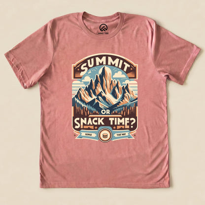 Graphic t-shirt featuring the phrase "Summit Or Snack Time?" with a mountain design, perfect for hiking enthusiasts.