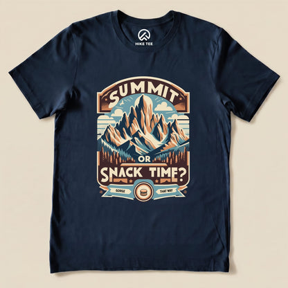 Navy graphic t-shirt featuring a mountain scene with the words "Summit Or Snack Time?" and a playful snack reference.