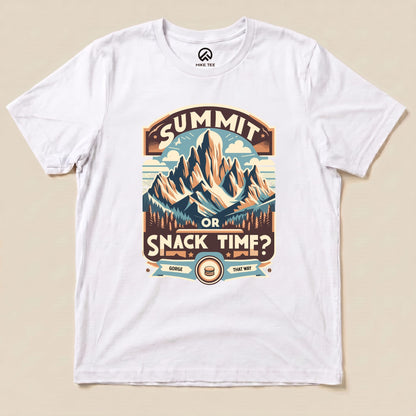 Graphic t-shirt featuring a humorous "Summit Or Snack Time Shirt" design with mountains and a snack guide illustration.