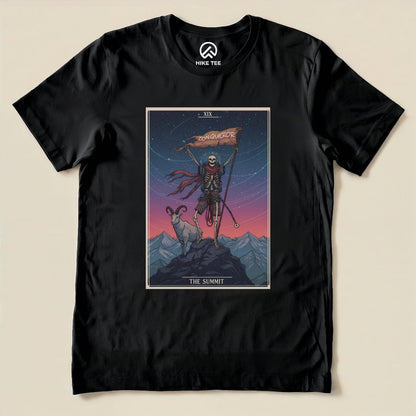 A black graphic t-shirt featuring a colorful design of a skeleton holding a flag that reads "CONQUEROR" next to a goat, titled "The Summit.