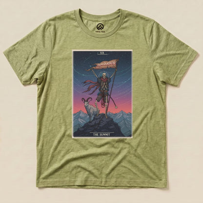 The graphic t-shirt features a tarot card design with a skeleton holding a flag labeled "Conqueror" and standing on a mountain with a goat, titled "The Summit.