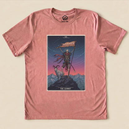 The graphic t-shirt features a skeleton holding a flag that reads "CONQUEROR" alongside a goat, titled "Summit Tarot Card Shirt.