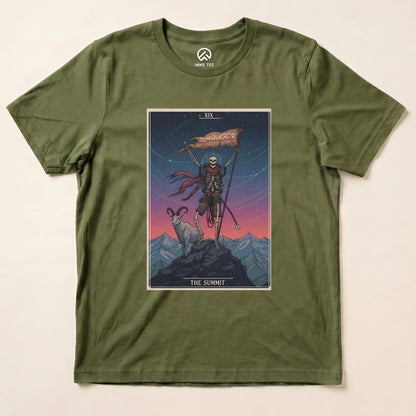 Graphic t-shirt featuring the "Summit Tarot Card Shirt" design with a skeleton holding a flag that says "Conqueror" among mountains.