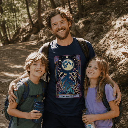 A man smiles with two children on a hiking trail, wearing a graphic t-shirt featuring the "Tarrot Raccoon Shirt" design.