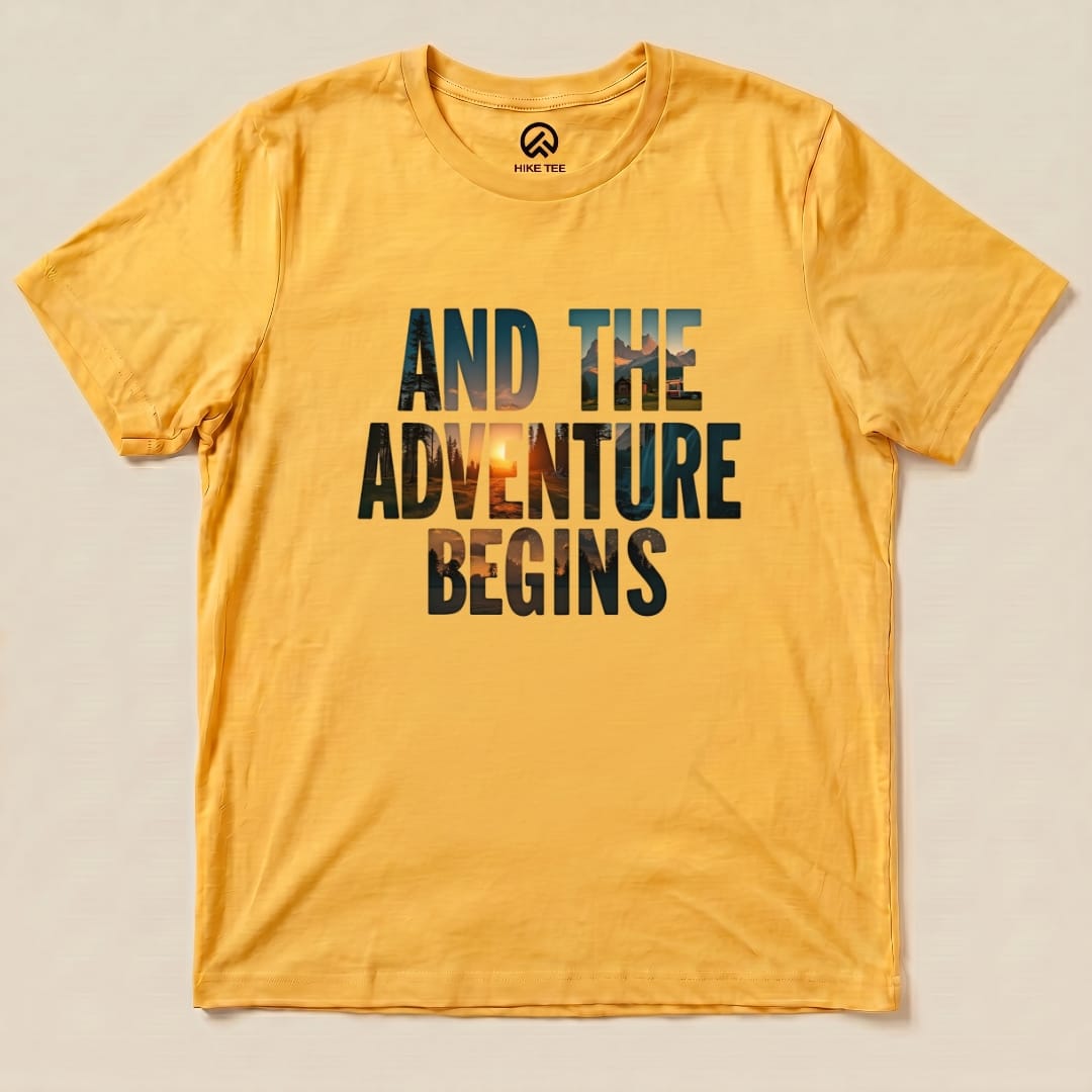 The Adventure Begins Shirt Hike Tee T-Shirt Gold / S
