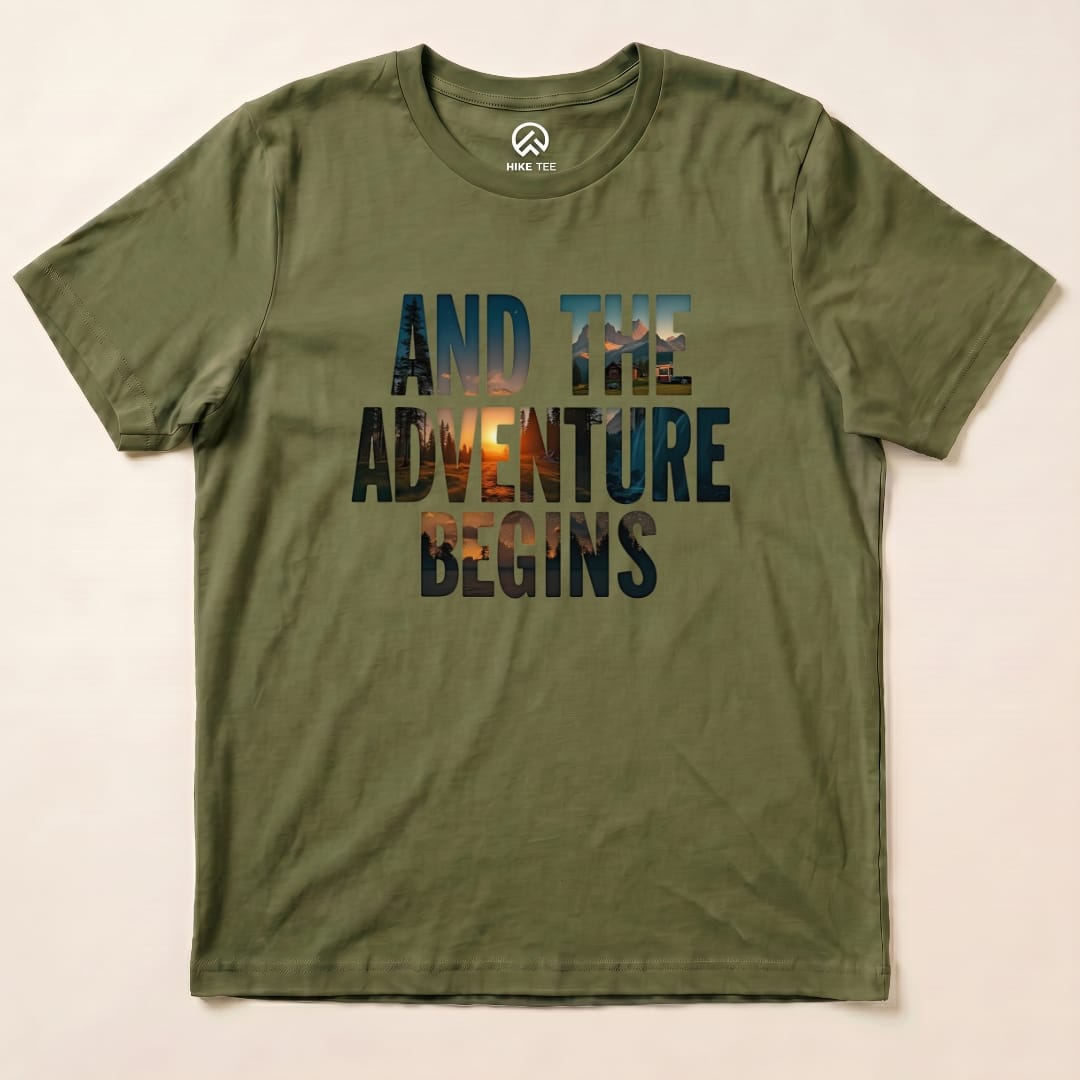 The Adventure Begins Shirt Hike Tee T-Shirt Military Green / S