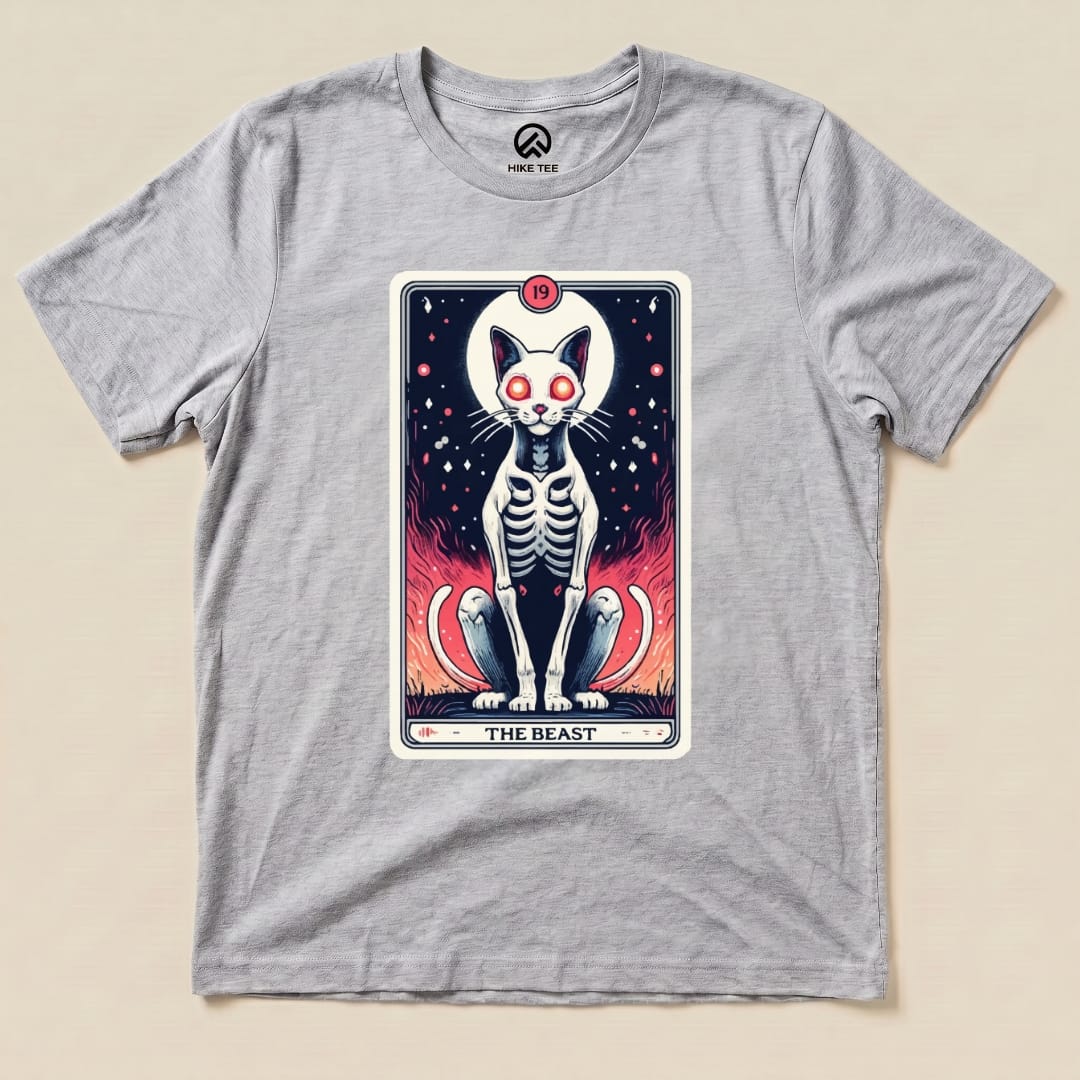 The graphic t-shirt features "The Beast Tarrot Cat shirt" with a skeletal cat design and vibrant flames in the background.