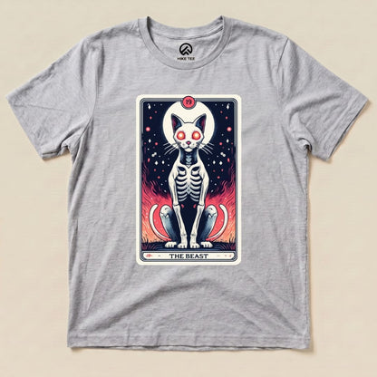 The graphic t-shirt features "The Beast Tarrot Cat shirt" with a skeletal cat design and vibrant flames in the background.