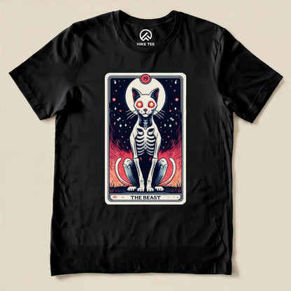 A black graphic t-shirt features "The Beast Tarrot Cat shirt" design, showcasing a skeletal cat with glowing eyes amidst fiery colors.