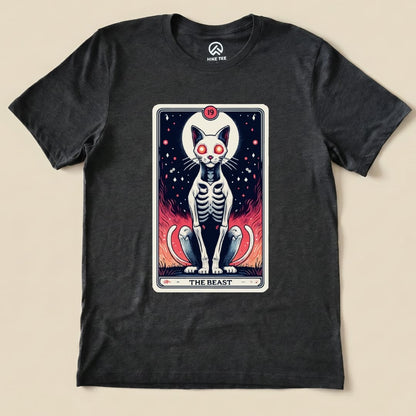 The graphic t-shirt features "The Beast Tarrot Cat shirt," showcasing a skeleton cat with glowing eyes and vibrant flames.