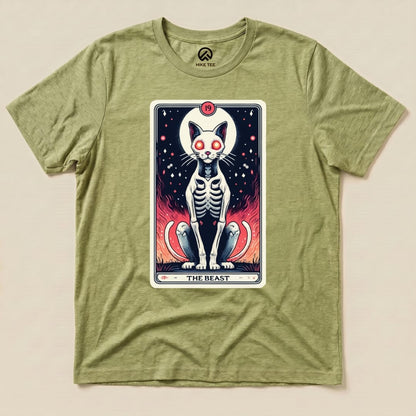 The graphic t-shirt features "The Beast Tarrot Cat" design, showcasing a skeleton cat with fiery red accents on an olive green shirt.