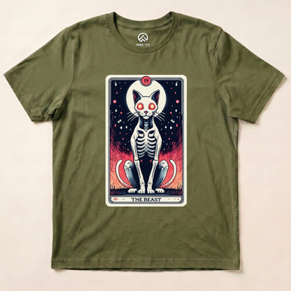 A graphic t-shirt featuring "The Beast Tarrot Cat" design with a skeletal cat and vibrant flames in an olive green color.