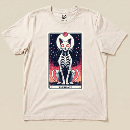 A graphic t-shirt featuring "The Beast Tarrot Cat shirt" with a skeletal cat design surrounded by vibrant flames and stars.