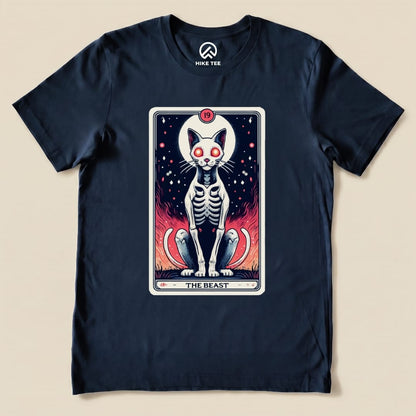 A graphic t-shirt featuring "The Beast Tarrot Cat shirt" design with a skeleton cat and fiery background elements.
