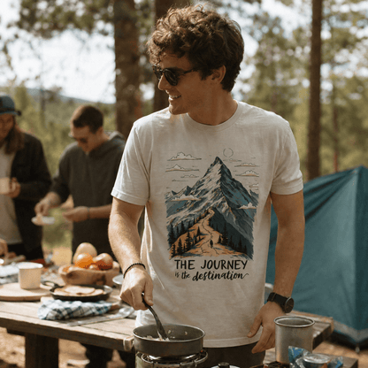 A man is cooking outdoors while wearing "The Journey Shirt," featuring a graphic of a mountain with the slogan "THE JOURNEY is the destination.