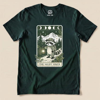 Forest The Night Hiker Shirt with a raccoon hiker with a lantern on a moonlit tarot card graphic