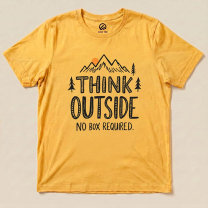 A yellow graphic t-shirt displays the slogan "THINK OUTSIDE" above mountains and trees, with "NO BOX REQUIRED" below.
