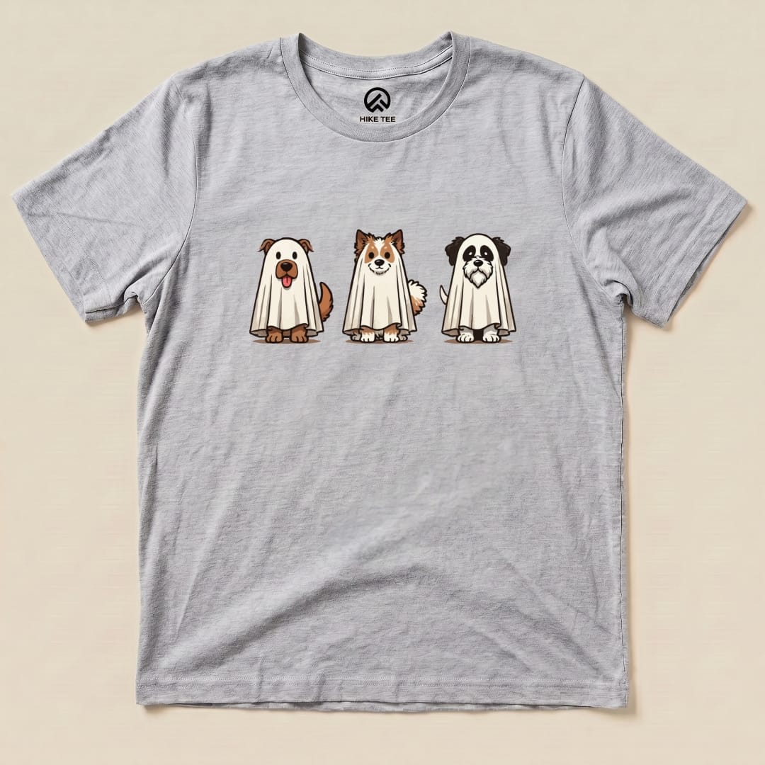 The graphic t-shirt features three cartoon dogs dressed as ghosts, each wearing a sheet, labeled as the "Three Dog Ghost Shirt.