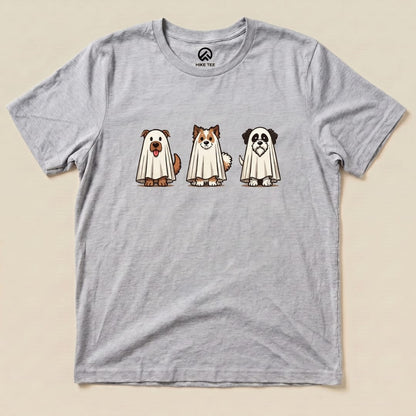 The graphic t-shirt features three cartoon dogs dressed as ghosts, each wearing a sheet, labeled as the "Three Dog Ghost Shirt.