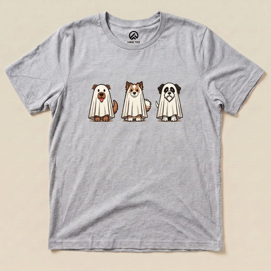 The graphic t-shirt features three cartoon dogs dressed as ghosts, each wearing a sheet, labeled as the "Three Dog Ghost Shirt.