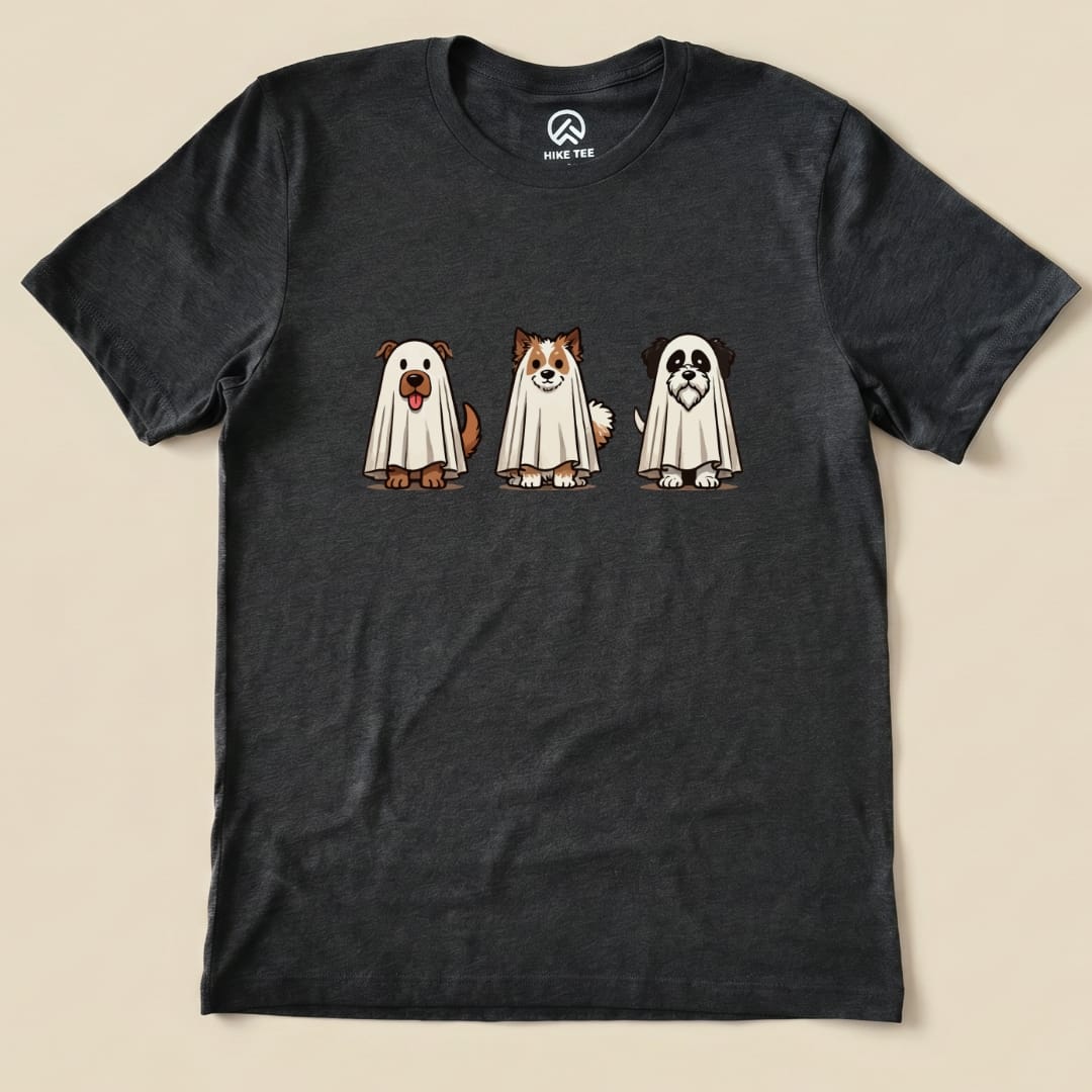 The graphic t-shirt features three cartoon dogs dressed in white sheets, titled "Three Dog Ghost Shirt," on a dark background.