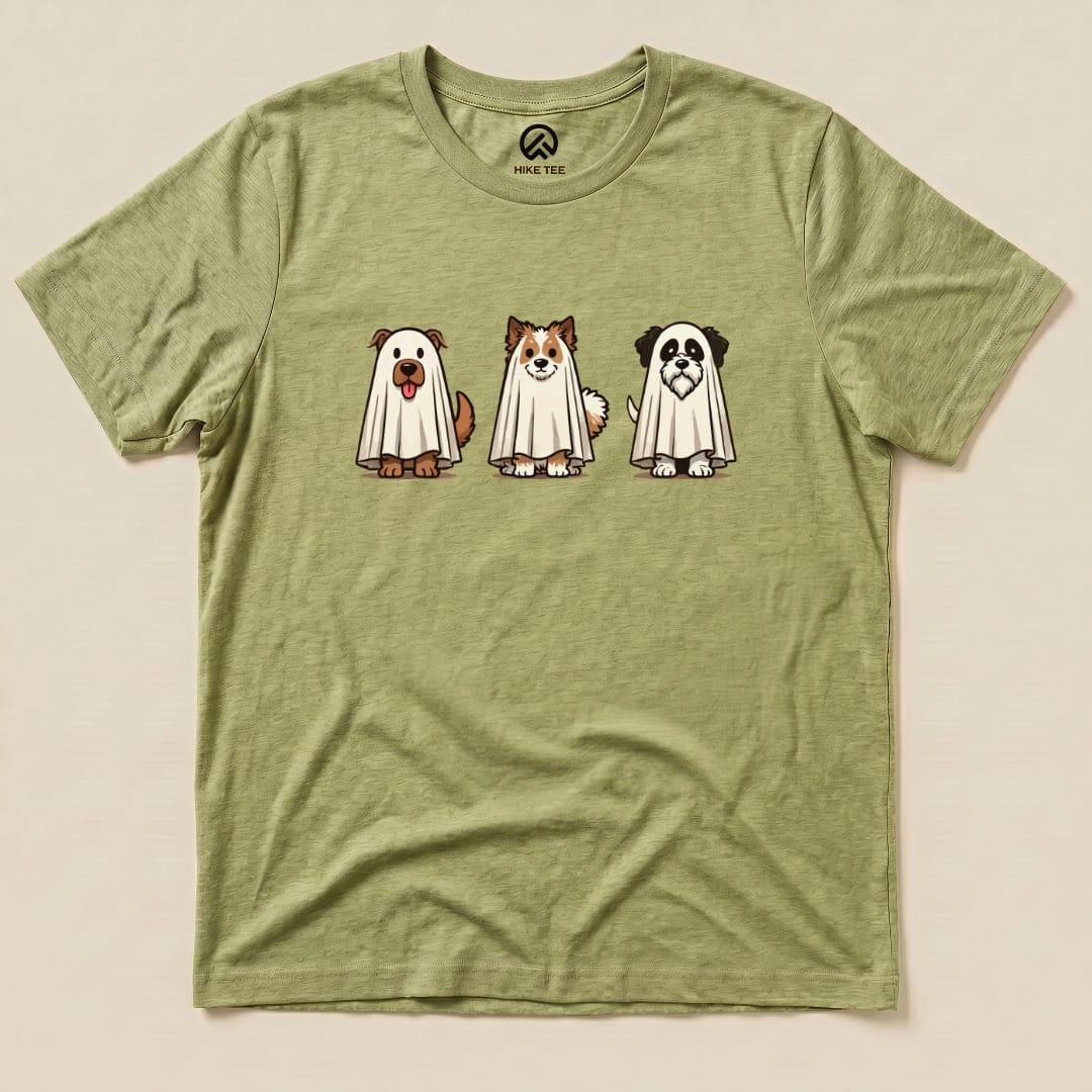 A graphic t-shirt featuring three cartoon dogs wearing white ghost sheets, titled the "Three Dog Ghost Shirt".