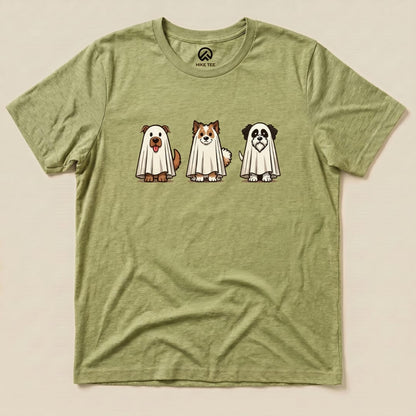 A graphic t-shirt featuring three cartoon dogs wearing white ghost sheets, titled the "Three Dog Ghost Shirt".
