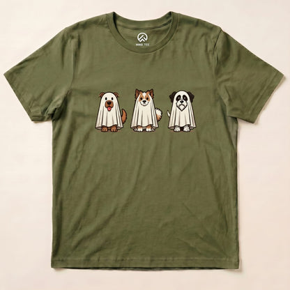 The graphic t-shirt features three cartoon dogs dressed as ghosts, titled "Three Dog Ghost Shirt," on an olive green background.
