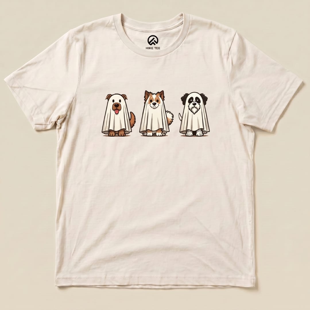 A graphic t-shirt featuring three cartoon dogs wearing ghost sheets, labeled as the "Three Dog Ghost Shirt.
