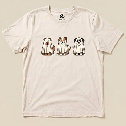 A graphic t-shirt featuring three cartoon dogs wearing ghost sheets, labeled as the "Three Dog Ghost Shirt.