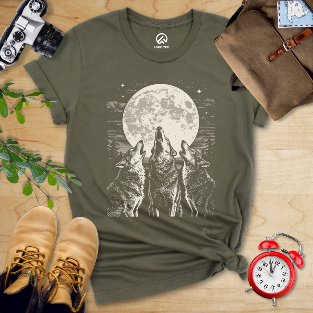 Hike Tee T-Shirt Military Green / S Three Wolf and Moon Shirt